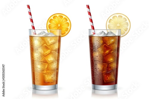 Two glasses of iced tea with lemon slices and striped straws, refreshing summer beverage, isolated on white background photo