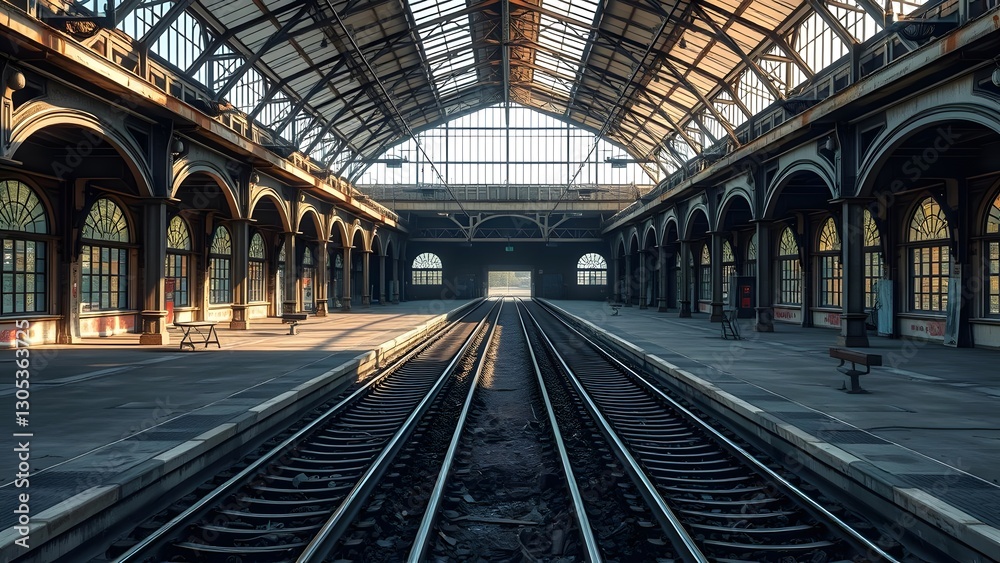 Wide-angle view of an empty train station showcasing elegant architecture, tracks leading into the distance, and beautiful sunlight filtering through large glass windows. Wide-angle view of an empty train station showcasing elegant architecture, tracks leading into the distance, and beautiful sunlight filtering through large glass windows.