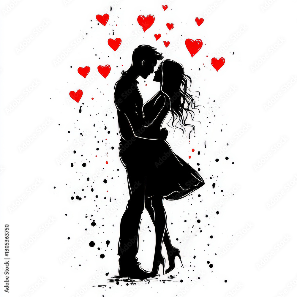 romantic couple silhouette love theme with red hearts in minimalist modern calligraphy design romantic couple silhouette love theme with red hearts in minimalist modern calligraphy design
