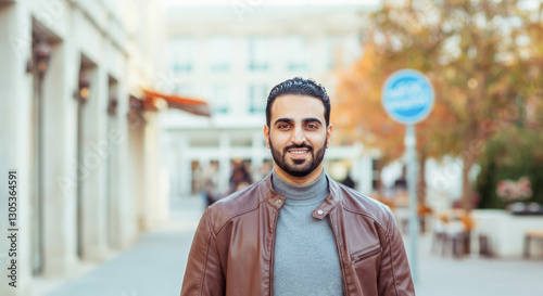 Young adult hispanic male smiling outdoors in urban setting