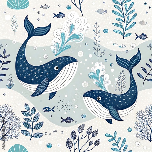 Adorable blue whales swimming in underwater ocean scene with aquatic plants sea art cute fish kids