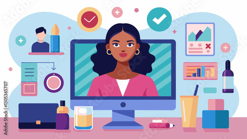Through the use of virtual tryon technology and consumer data a cosmetic company creates custom makeup products that match each customers skin tone and preferences.. Vector illustration