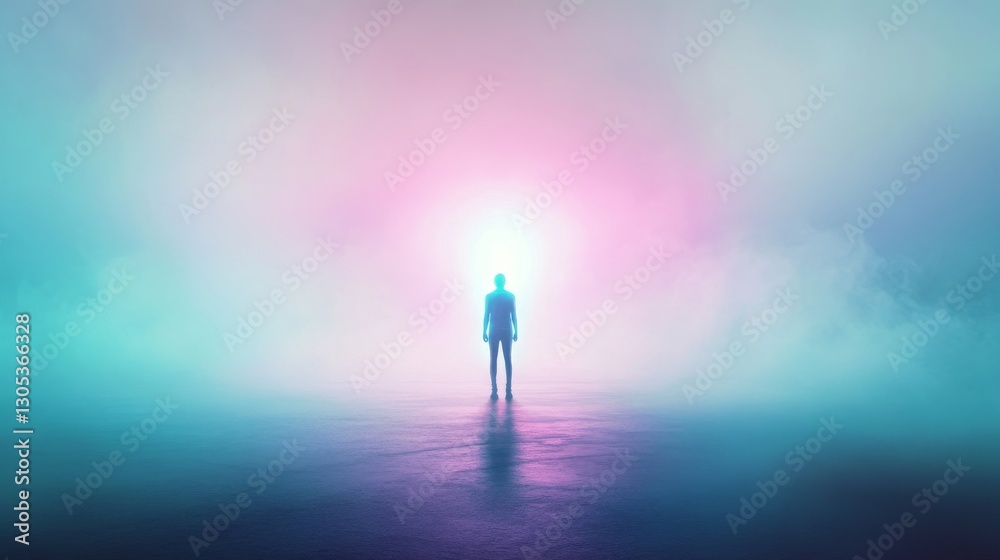 A figure in a vibrant, mystical fog. A figure in a vibrant, mystical fog.