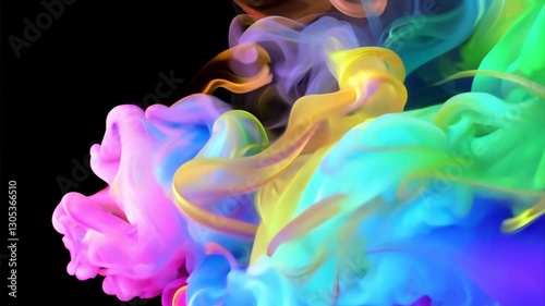 A mesmerizing 3D-rendered cloud of colorful smoke swirling and shifting in dynamic motion, seamlessly fading out with an alpha matte transition at the end of the clip.