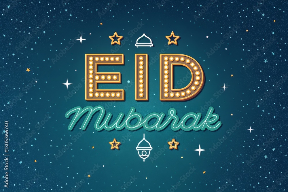 Naklejka premium Eye-catching Eid Mubarak greeting with retro light display
