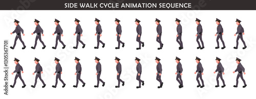 Police Officer Character walk cycle animation sequence. Front walk frame by frame animation sprite sheet.