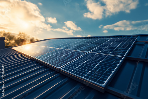 Close-up view on solar panels installed on the roof of a house