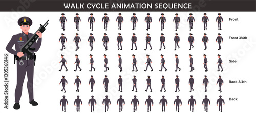 Police Officer Character walk cycle animation sequence. Front walk frame by frame animation sprite sheet.