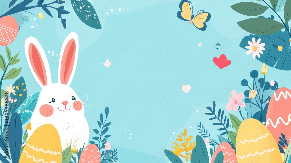 Cartoon bunny with eggs and flowers in playful scenery Cartoon bunny with eggs and flowers in playful scenery