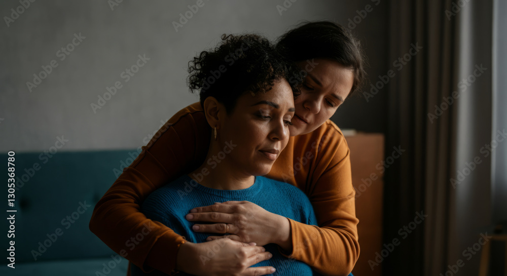 Obraz premium Two women embracing affectionate comfort in dimly lit room
