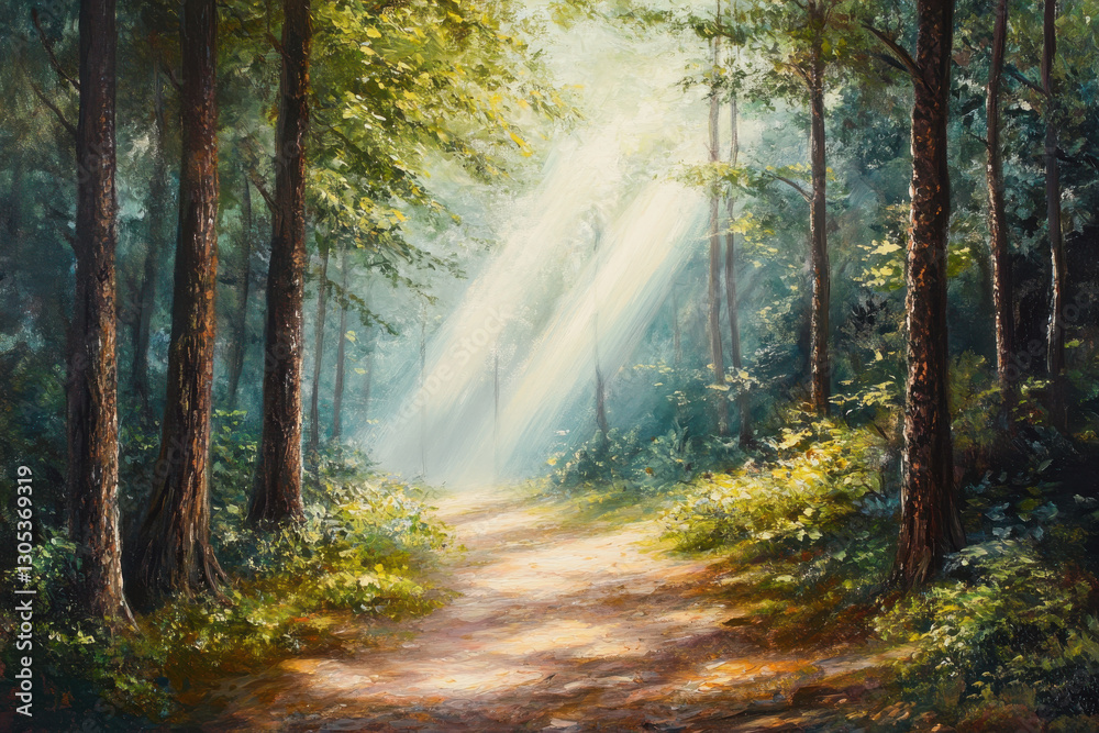 Obraz premium A tranquil forest path with sunlight filtering through the canopy