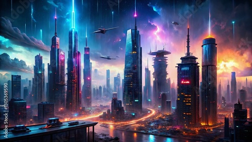 Wallpaper Mural Futuristic Cityscape Under Dark Storm Clouds - Surreal Photography Torontodigital.ca