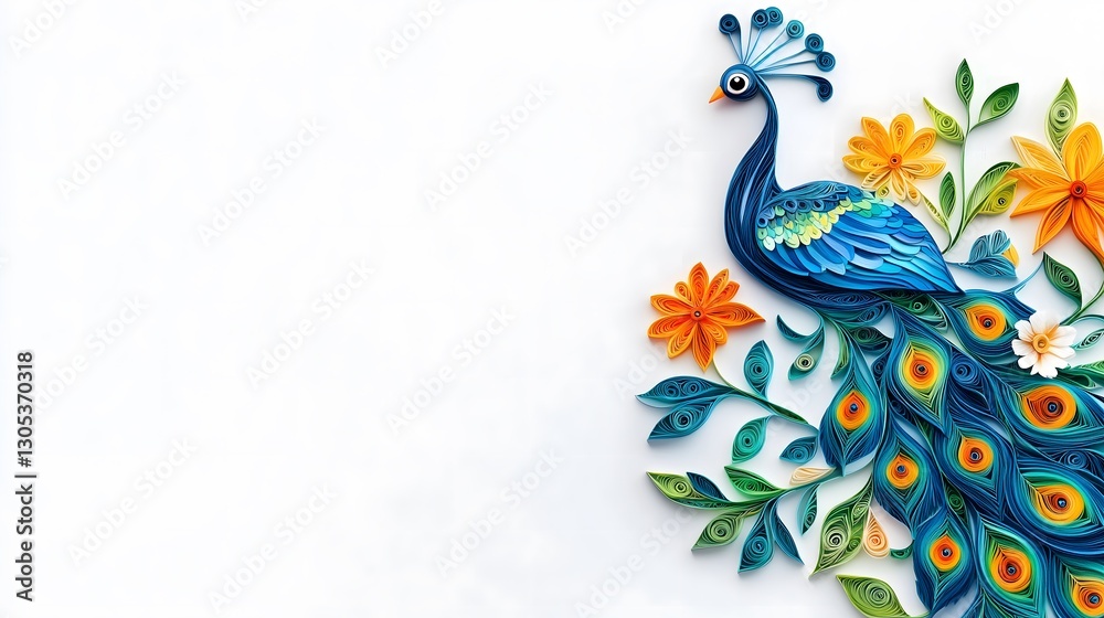 Obraz premium Creative Artistic Handmade Colorful Paper Quilled Peacock on White Background