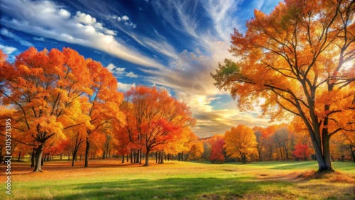 Autumnal splendor vibrant foliage under a dramatic sky, showcasing a picturesque landscape of colorful trees and a sunlit meadow