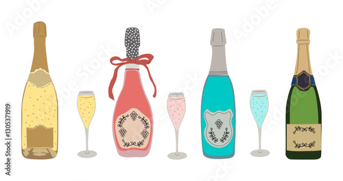Set of different Champagne bottles with glasses. Prosecco, brut, rose, blue sparkling wine. Celebration Christmas, New Year, wedding, anniversary alcohol drink. Vector illustrations isolated
