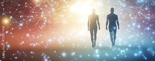 Abstract figures in cosmic exploration.