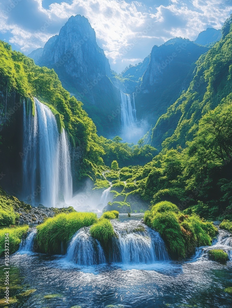 Fototapeta premium Majestic Waterfalls Surrounded by Lush Green Hills and Mountains Under a Bright Blue Sky with Gentle Clouds