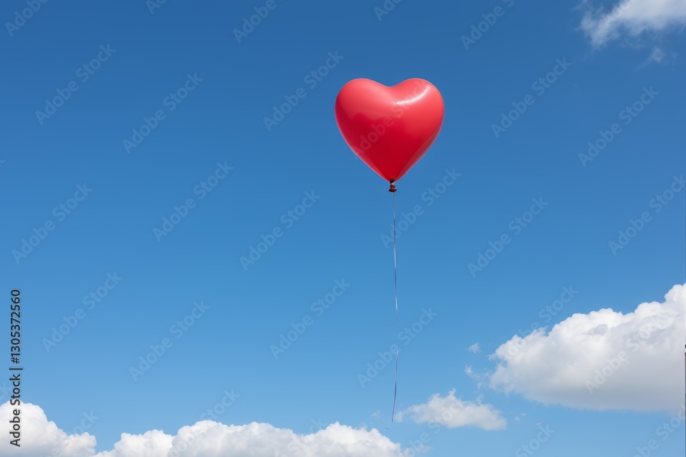 there is a red heart shaped balloon floating in the sky