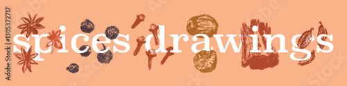 Vector spices drawings in hand-drawn style. Natural paper texture. Organic spice illustrations - clove icon, peppercorns symbol, star anise sketch, nutmeg, ginger root sign, cinnamon, cardamom