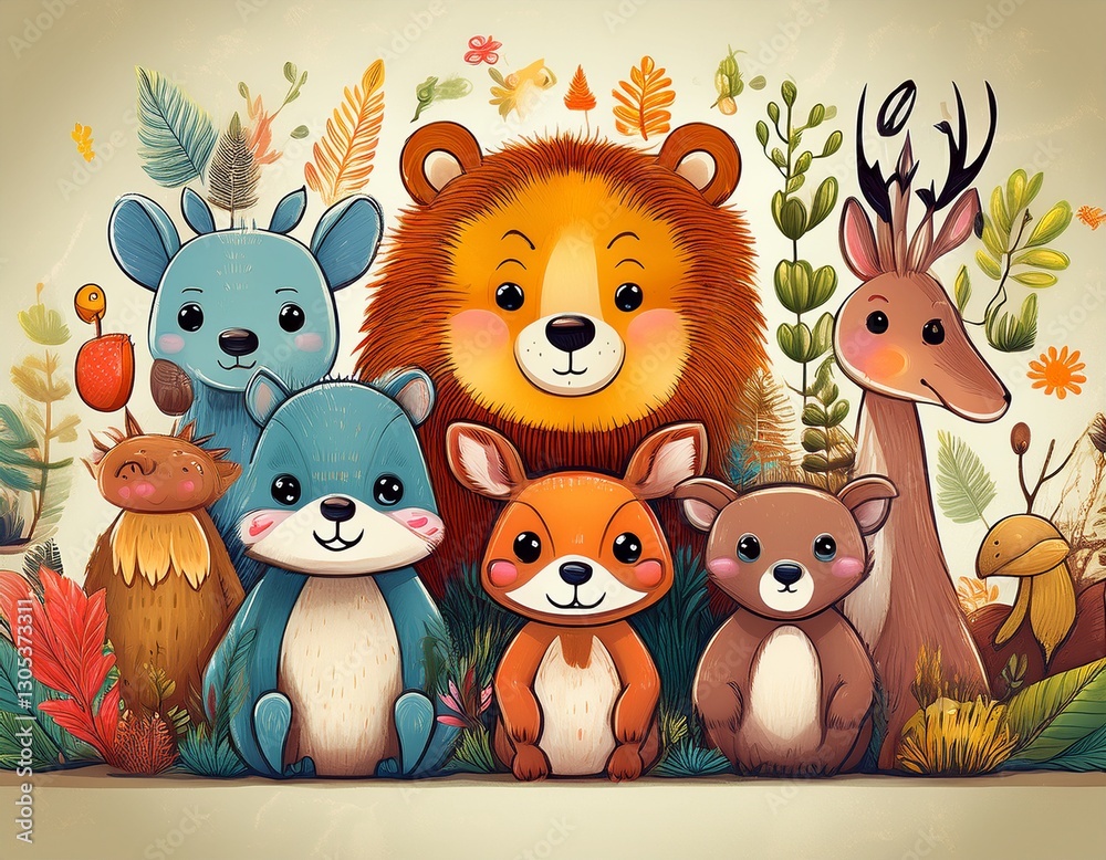 Naklejka premium Colorido dibujo de dibujos animados con animales del bosque lindos y caras soleadas en un fondo ligero