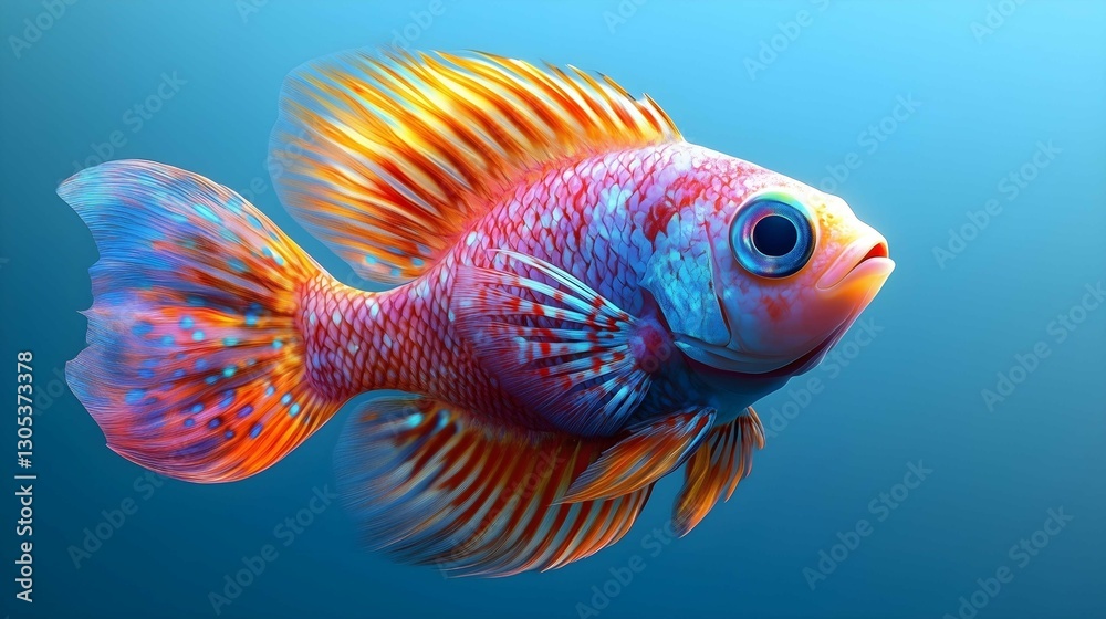 Fototapeta premium Vibrant Underwater: A close-up of a stunningly colorful fish, featuring intricate textures and bright hues, seemingly suspended against a soft, gradient blue background. 