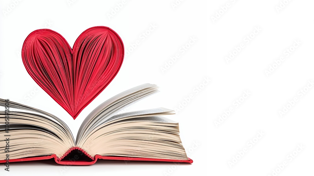 Open Book with Red Textured Heart on White Background Open Book with Red Textured Heart on White Background