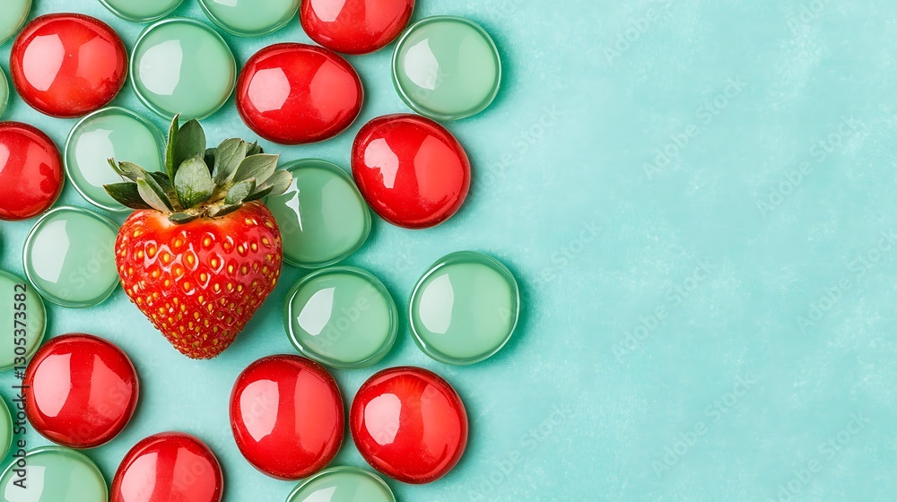 Strawberry on colorful glass, flat lay, turquoise backdrop, for decorative design or background use Strawberry on colorful glass, flat lay, turquoise backdrop, for decorative design or background use