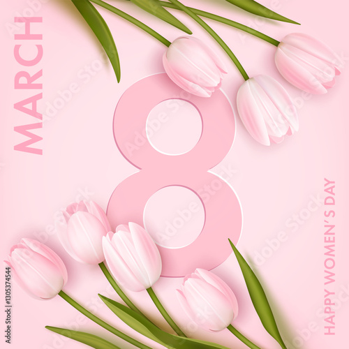 International women's day square banner or greeting card design template set with realistic tulips, 8 number. Romantic elegant background. Vector illustration