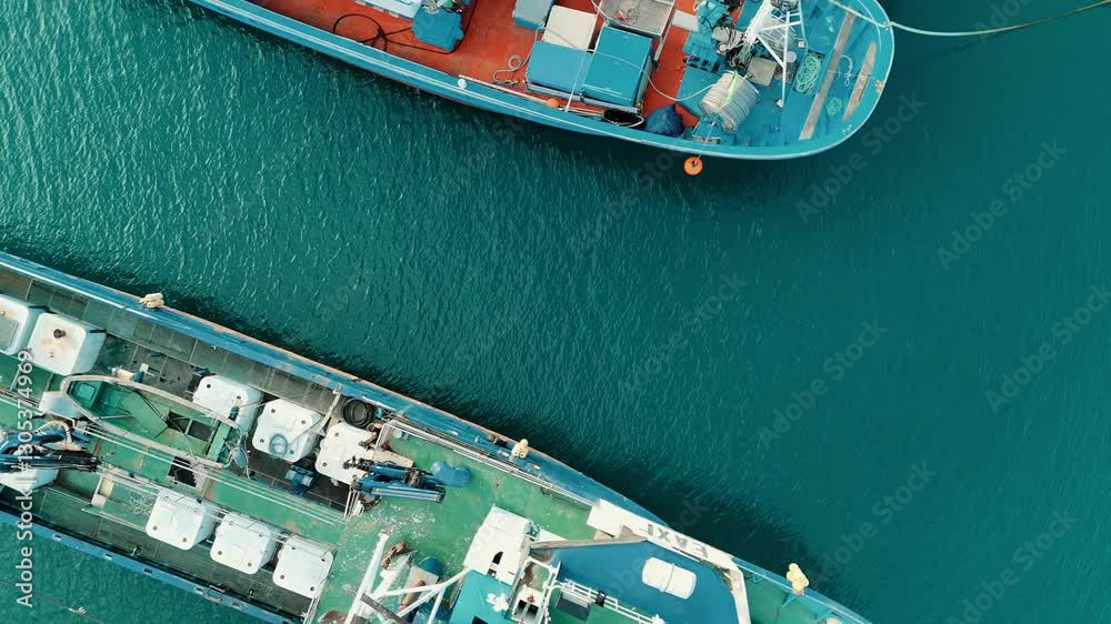 Bateaux de pêche ancrés au port survolé en drone  