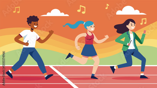 The school track becomes a dance floor as students groove to upbeat music during the Zumba session.. Vector illustration