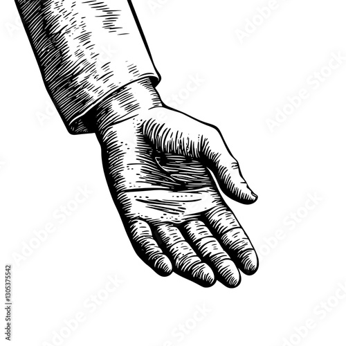 Engraved illustration of an open hand reaching out in an expressive gesture during a calm moment