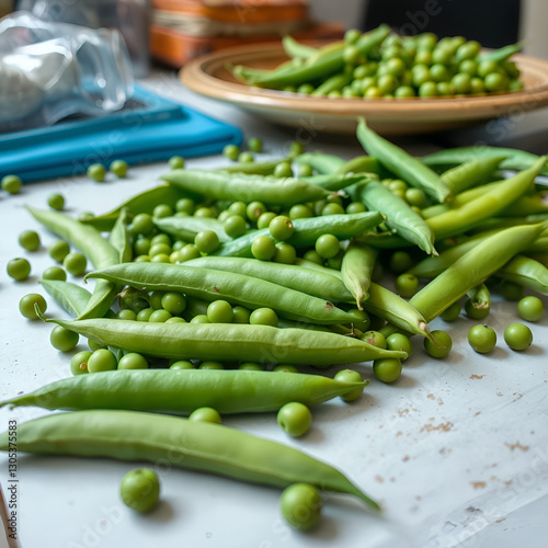 there are a lot of green peas that are on the table.