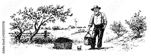 Engraved illustration of a farmer collecting berries in a rural landscape during the harvest season