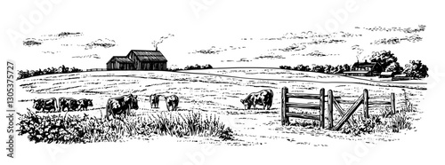Engraved illustration of a peaceful countryside landscape with cows grazing near a farmhouse