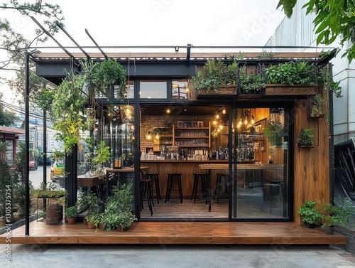 A modern cafe with plants showcasing an inviting urban design