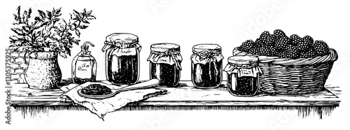 Engraved vector illustration of jars and a basket with berries on a rustic wooden table in a country setting