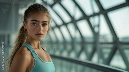 Free Download A fit and attractive young woman with long blonde hair in a ponytail, wearing a turquoise sports bra, standing in a modern glass corridor with natural light, looking confidently at the camera - GFXLoad