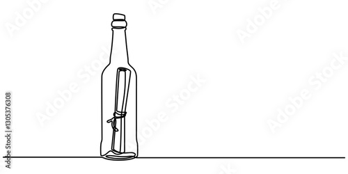 Continuous one line drawing of a message in a bottle. Simple vector illustration, Message in a bottle one line art, Icon with reflection on white background, SOS concept. Single line draw, minimal.   