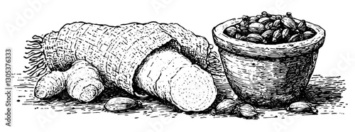 Engraved illustration of root vegetables and spices arranged on a textured surface with woven fabric