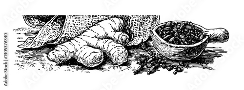 Engraved illustration of ginger root and spices on wooden table showcasing natural herbal products