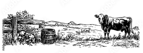 Countryside landscape featuring a cow near a wooden fence and a barrel in a field with grazing cattle in the background