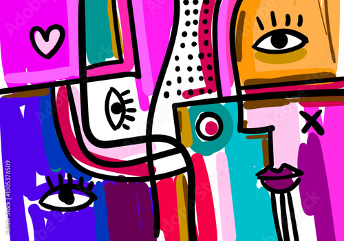 abstract face illustration in a cubist and pop art style, featuring geometric shapes