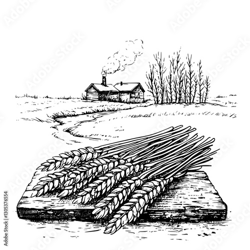 Engraved illustration of wheat sheaves in front of a rustic farmhouse at sunrise