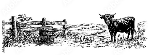Engraved illustration of a cow and piglets near a wooden fence with mountains in the background during daylight
