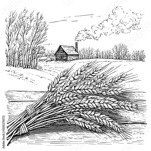 Engraved illustration of wheat sheaves with a rustic cabin in a tranquil rural landscape