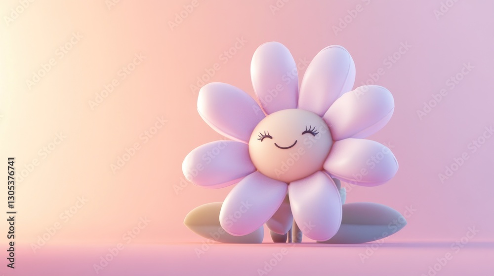 Cute cartoon flower smiles in pastel pink background Cute cartoon flower smiles in pastel pink background