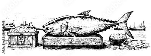 Engraved illustration of a large fish displayed on crates next to fishing boats in a coastal setting