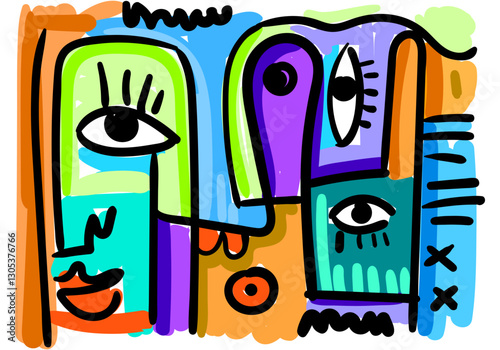 abstract face illustration in a cubist and pop art style, featuring geometric shapes