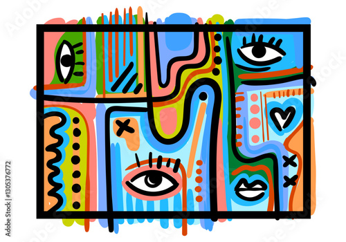abstract face illustration in a cubist and pop art style, featuring geometric shapes