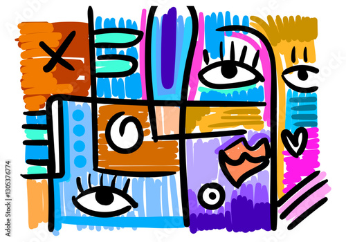 abstract face illustration in a cubist and pop art style, featuring geometric shapes